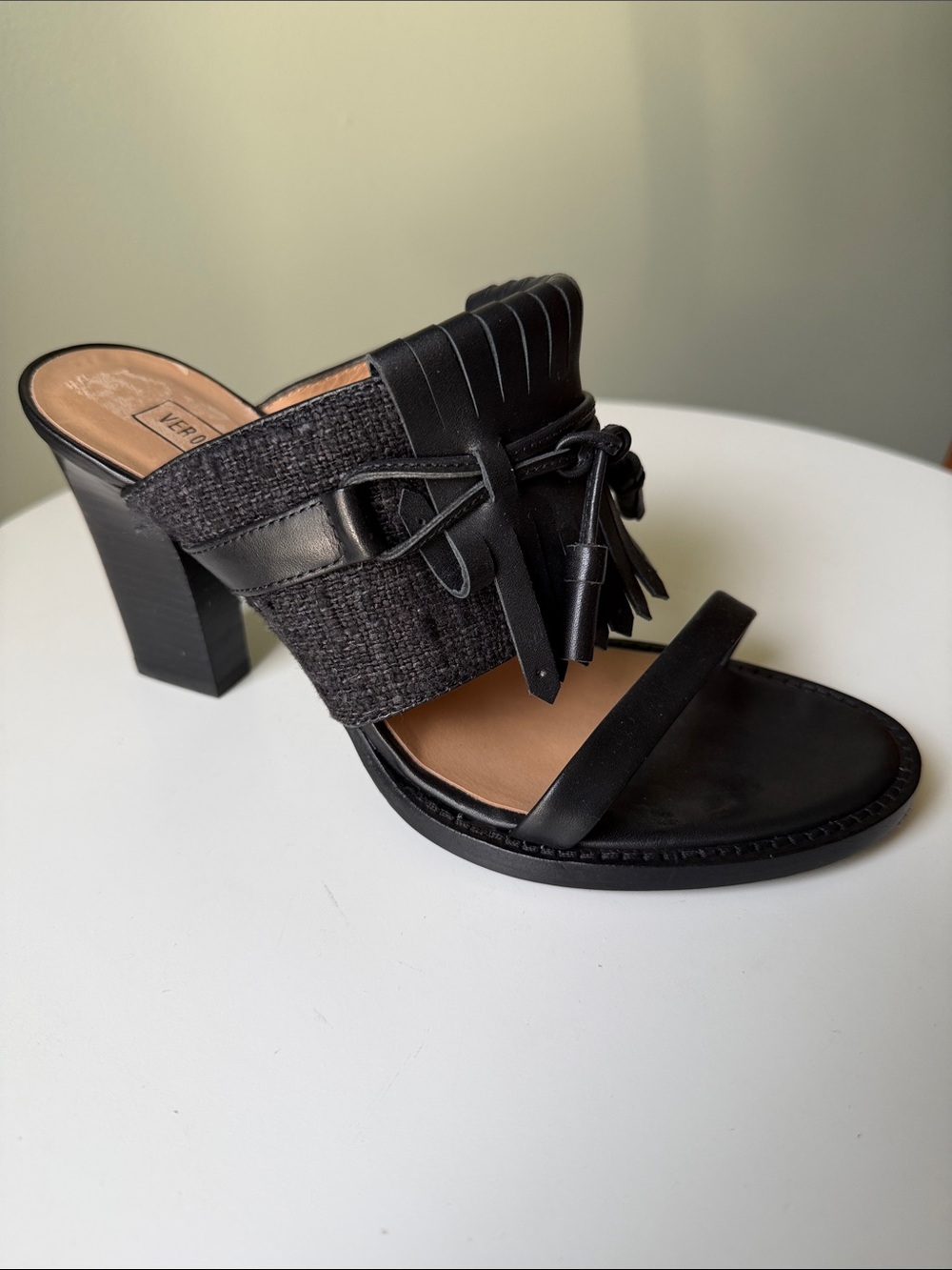 Veronique Branquinho Black Fringe Mule Sandals Block Heel Slides EU 37.5 Flaw